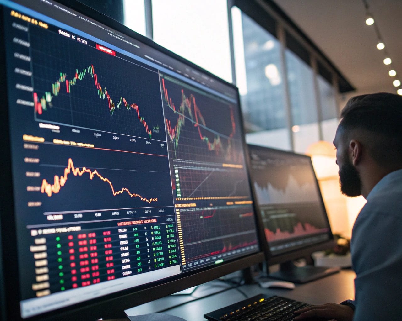 Extreme close-up of a dynamic digital dashboard in a modern workspace, displaying colorful real-time analytics with rapidly updating graphs and charts on multiple screens.