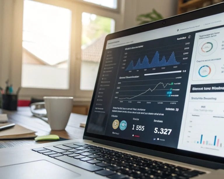 A computer screen displaying a sleek privacy-centric analytics dashboard in an office environment, with real-time data visualizations and a cookieless tracking feature. Natural light from a window enhances visibility, while a lock icon on the dashboard symbolizes security.