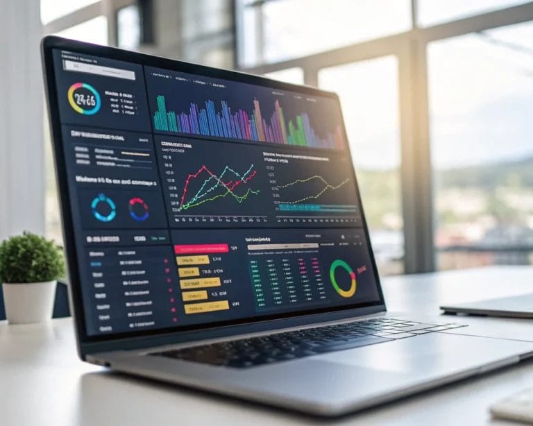 A dynamic data analytics dashboard on a digital screen in a sleek office environment, showcasing colorful charts and graphs that illustrate user interactions and website performance metrics.