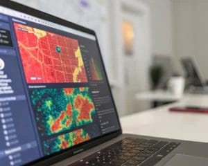 Close-up of a digital heatmap displaying user interaction on a website, with bright red hotspots indicating high engagement, set against a blurred modern workspace background. Emphasizes pixel details and vibrant colors for data analysis.