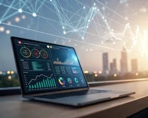 A digital dashboard displaying AI-powered analytics with dynamic graphs against an abstract background of interconnected networks, brightened by natural light.