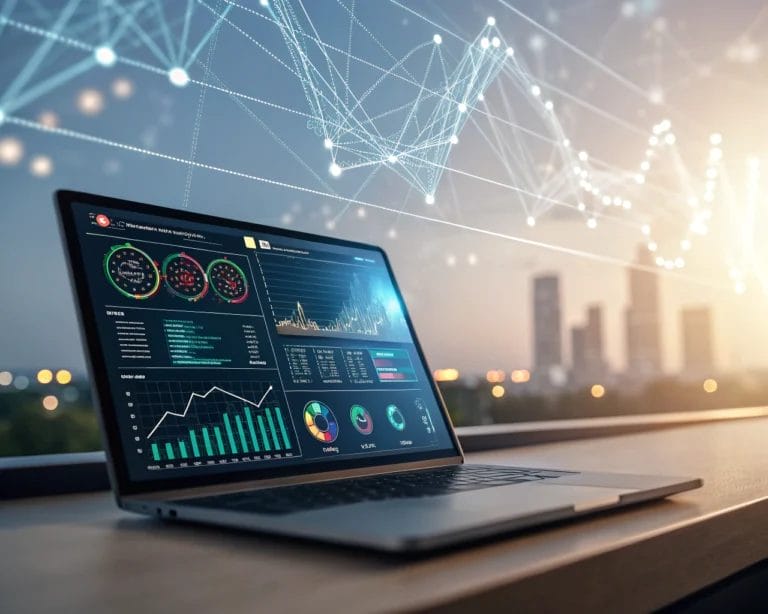 A digital dashboard displaying AI-powered analytics with dynamic graphs against an abstract background of interconnected networks, brightened by natural light.