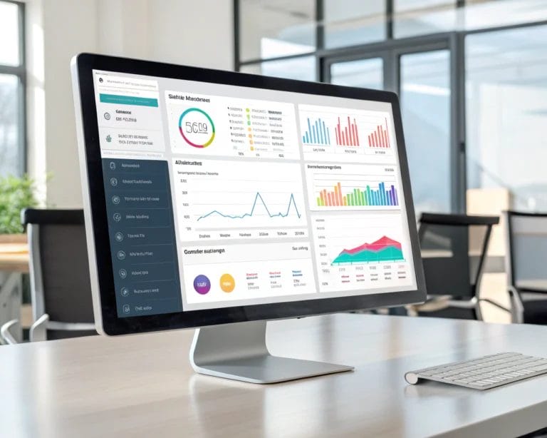 Computer screen displaying a vibrant and user-friendly dynamic dashboard interface in a modern office setting, featuring colorful graphs and charts, designed to reflect real-time data updates.