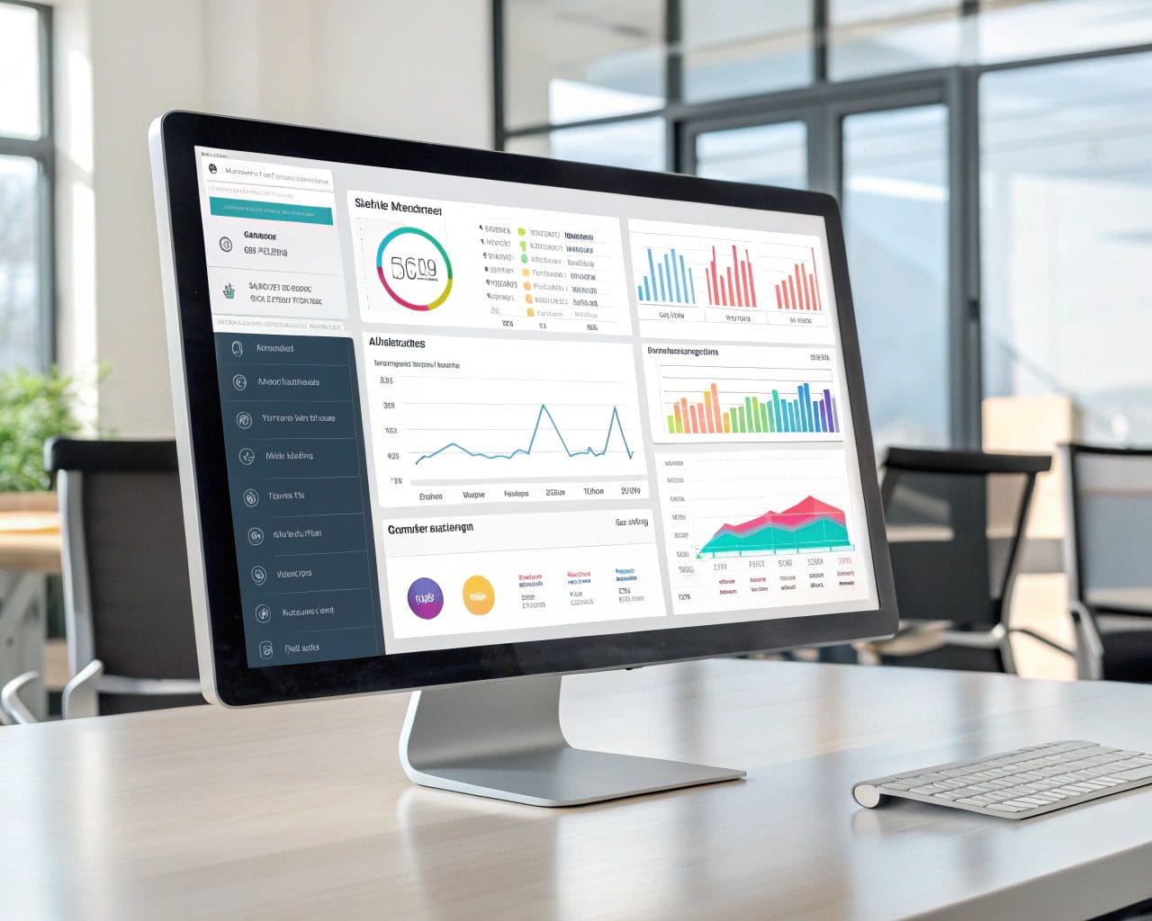 Complete Guide: How to Migrate from GA4 to DataInsight Step by Step 1 Computer screen displaying a vibrant and user-friendly dynamic dashboard interface in a modern office setting, featuring colorful graphs and charts, designed to reflect real-time data updates.