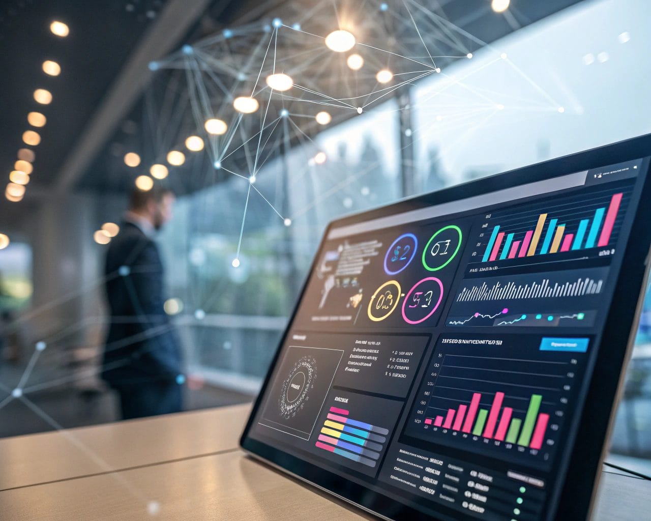 Automate CRM Analytics with SimplifyAnalytics: Connecting to Salesforce, HubSpot, and Zoho 1 A digital dashboard showcasing charts and graphs in a tech environment, featuring backlighting and an off-center composition to illustrate customer data and interactions.