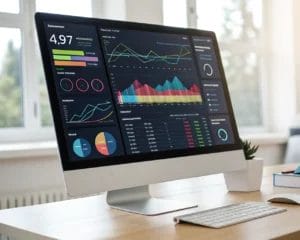 A modern e-commerce analytics dashboard shown on a large digital screen in a minimalist workspace, featuring colorful graphs and charts that depict user behavior and data flow in a clear, symmetrical layout.