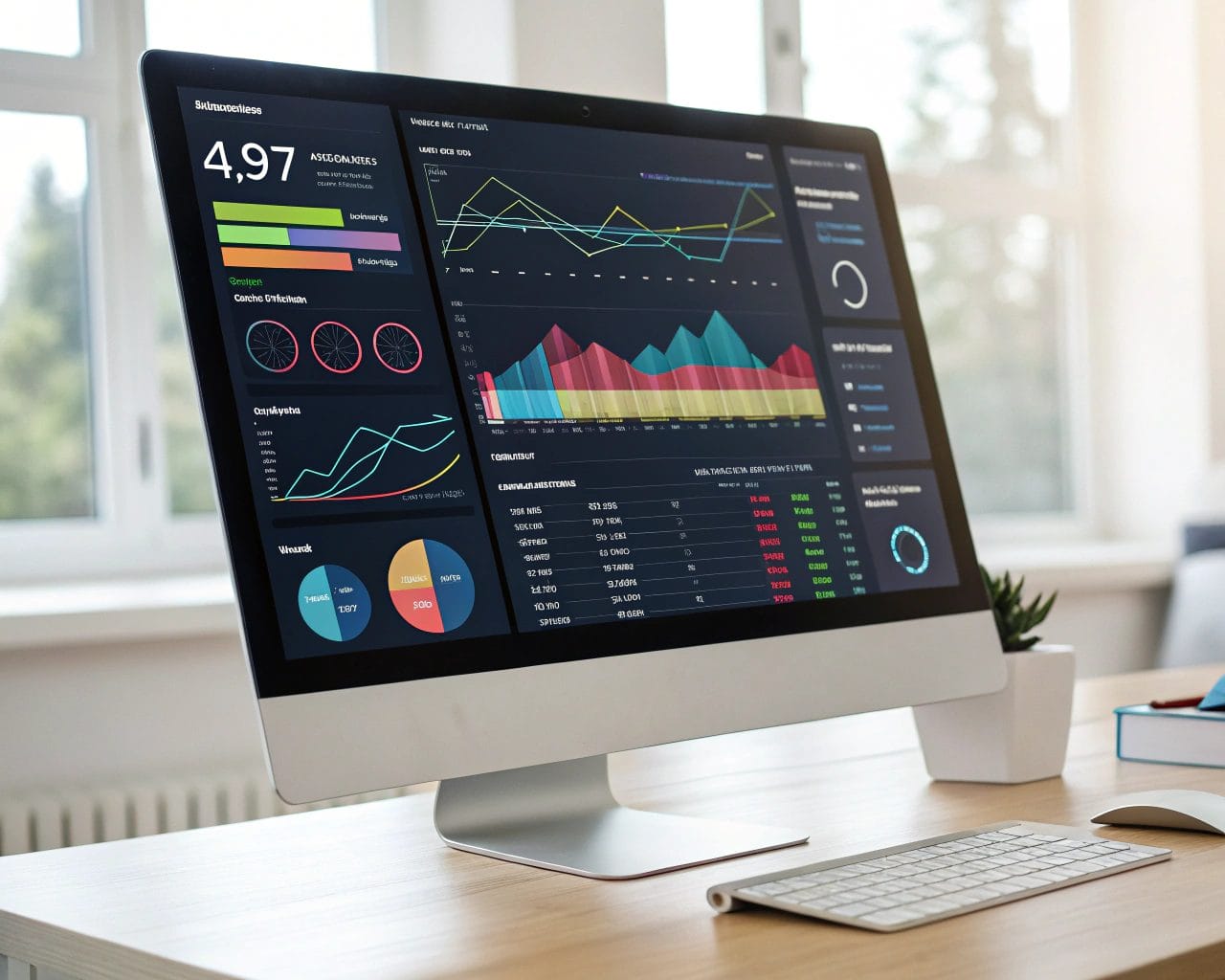 A modern e-commerce analytics dashboard shown on a large digital screen in a minimalist workspace, featuring colorful graphs and charts that depict user behavior and data flow in a clear, symmetrical layout.