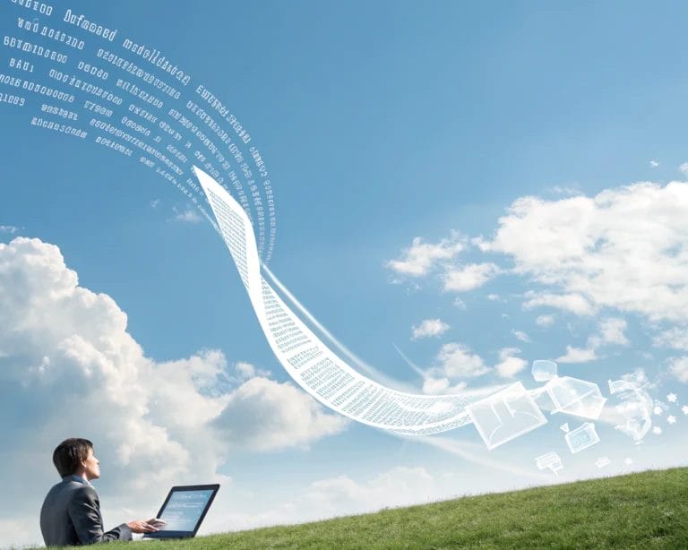 An artistic depiction of a lightweight script symbolizing enhanced performance in web analytics, displayed as a digital scroll in a clear blue sky with fluffy clouds, illustrating speed and efficiency.