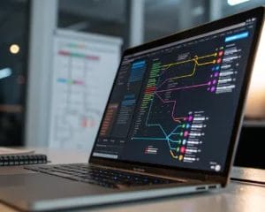 A high-resolution cinematic image of a computer screen displaying user flow analytics. The interface shows colorful paths and connections representing user navigation in a modern workspace with minimalistic design.