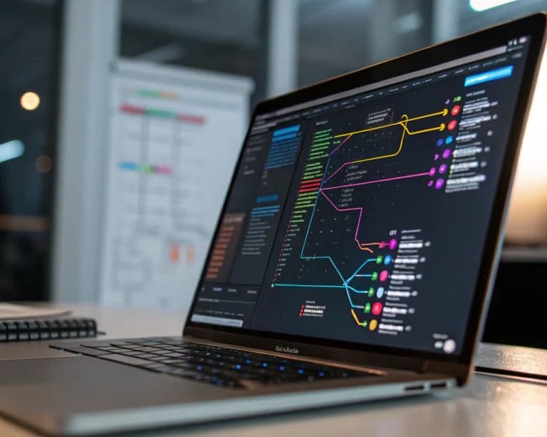 A high-resolution cinematic image of a computer screen displaying user flow analytics. The interface shows colorful paths and connections representing user navigation in a modern workspace with minimalistic design.