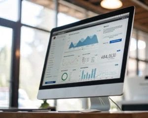 Minimalist computer monitor displaying a sleek, user-friendly analytics dashboard with simplified graphs and stats. The screen is illuminated with backlighting, and the background is blurred to emphasize the monitor.