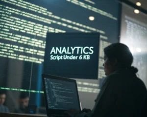 A glowing lightweight analytics script under 6 kB floating in a blurred digital matrix environment, symbolizing non-invasive data tracking and data privacy.