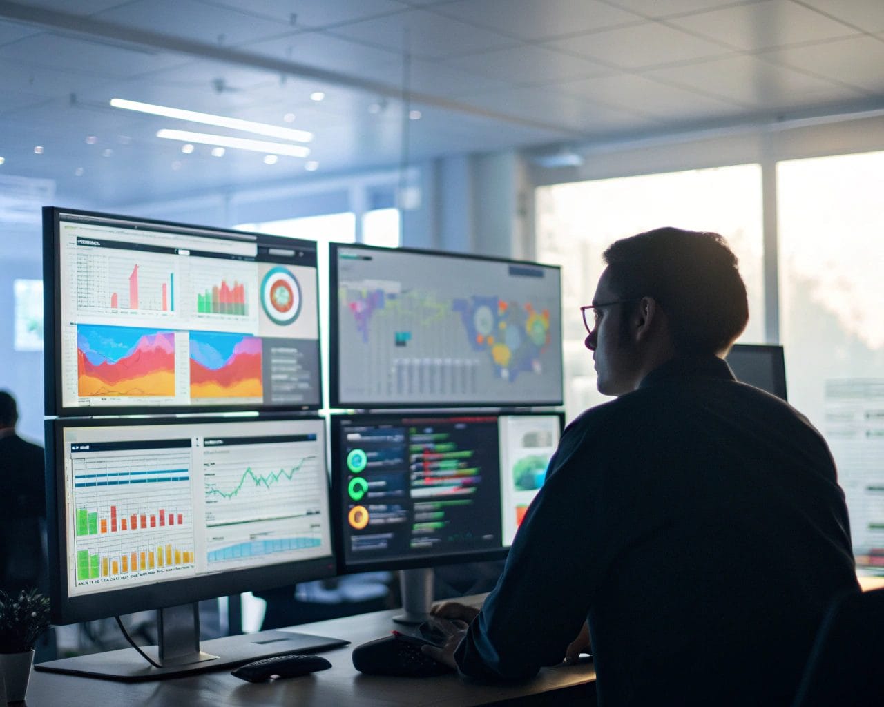 A focused digital marketing manager working at a sleek desk surrounded by monitors filled with colorful analytics dashboards. The atmosphere is illuminated with a soft glow, showcasing the importance of innovative data tracking.