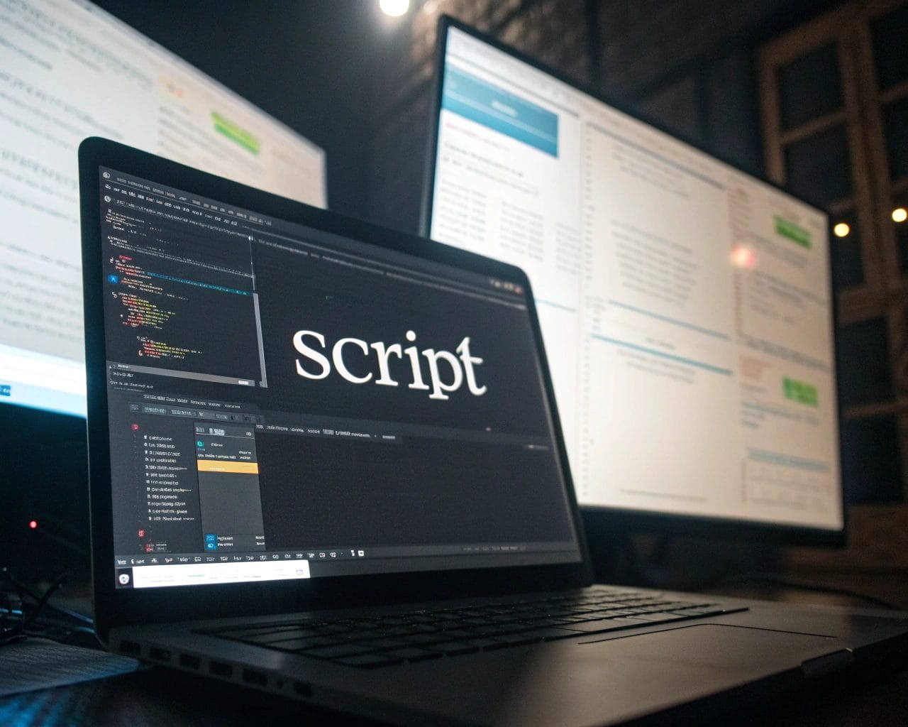 A digital interface screen displaying a lightweight script with abstract browser windows in the background, highlighting privacy-first analytics against atmospheric lighting.