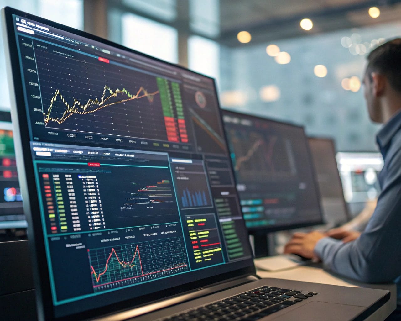 Cinematic image of real-time analytics data on screens in a modern tech workspace, showcasing colorful charts and graphs with a sense of urgency.
