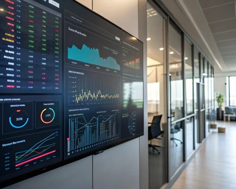 A high-resolution screen displaying a detailed digital analytics dashboard with graphs and charts representing influencer marketing performance in a modern office setting.