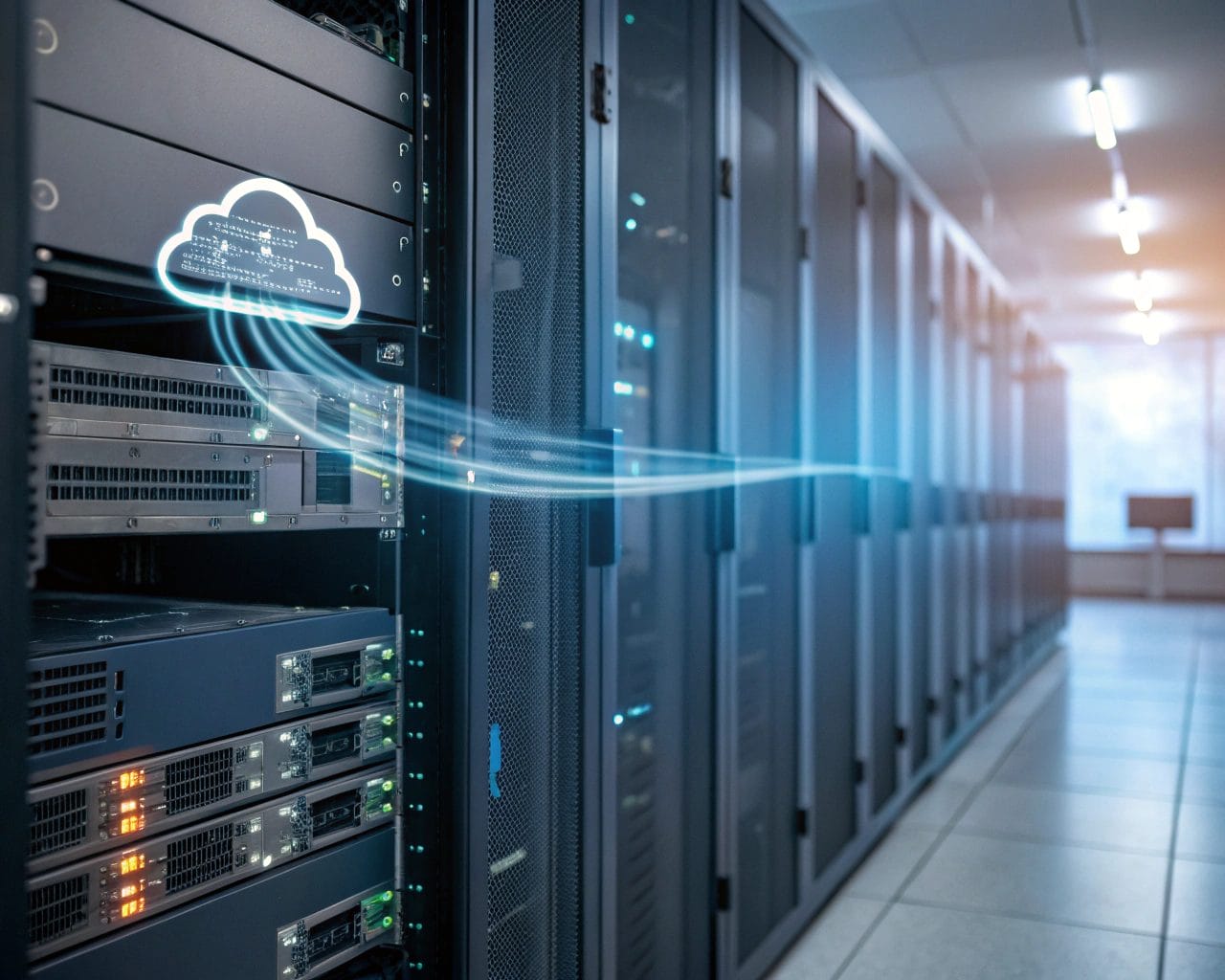 A visual representation of digital migration, illustrating the transition of data from an outdated server with mechanical elements to a futuristic cloud infrastructure, characterized by vibrant colors and a smooth data flow.