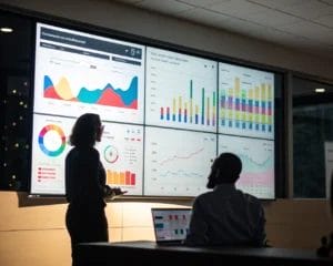 A large monitor displaying a colorful digital analytics dashboard in a dimly lit modern office, featuring graphs and charts that represent user segmentation data and emphasize conversion rates.