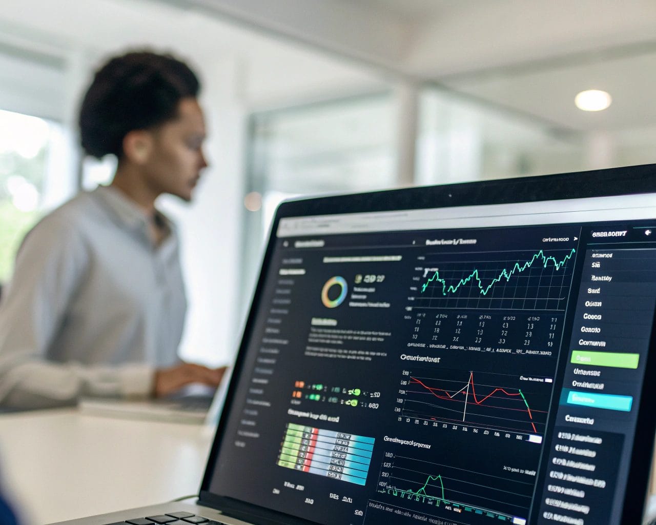 A modern office scene showing a computer screen with a detailed analytics dashboard focused on privacy-first elements and real-time data insights.