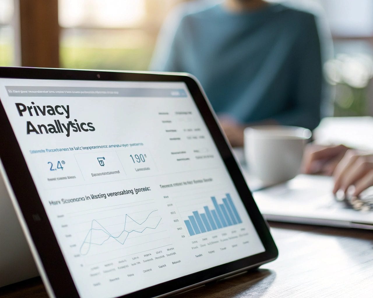 Sleek digital device displaying a modern privacy-centric analytics tool interface in a soft, glowing environment, emphasizing minimalistic design and data protection.