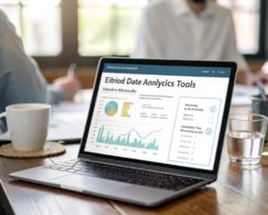 An analytics dashboard interface for nonprofits illustrating clear graphs and metrics in a contemporary office space, with natural light illuminating the screen and a blurred background.