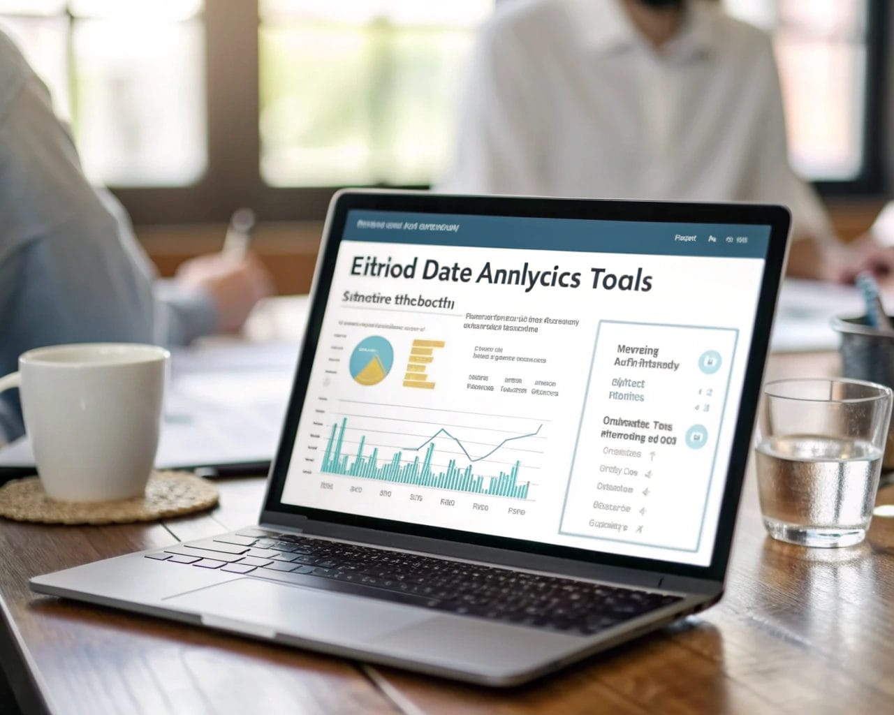 An analytics dashboard interface for nonprofits illustrating clear graphs and metrics in a contemporary office space, with natural light illuminating the screen and a blurred background.