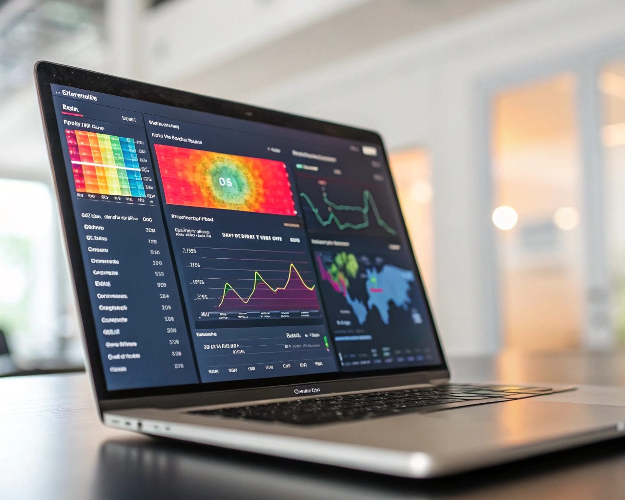 A modern web analytics dashboard on a computer screen showcasing colorful heatmaps and session replays in sharp, defining shadows, with an elegant blurred background.