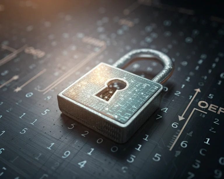 Cinematic image of a digital privacy lock icon with a keyhole, modern padlock design, and glowing metallic surface, against a backdrop of abstract digital data and binary code symbols.