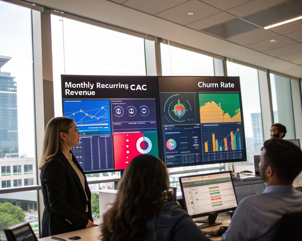 Digital analytics dashboards showcasing SaaS metrics like MRR, CAC, and Churn Rate on a large screen in a well-lit office, emphasizing data-driven strategy and precision.