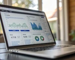 A digital analytics dashboard showcasing website metrics with graphs and charts in a minimalist design, illuminated by natural ambient light, highlighting a sense of innovation.