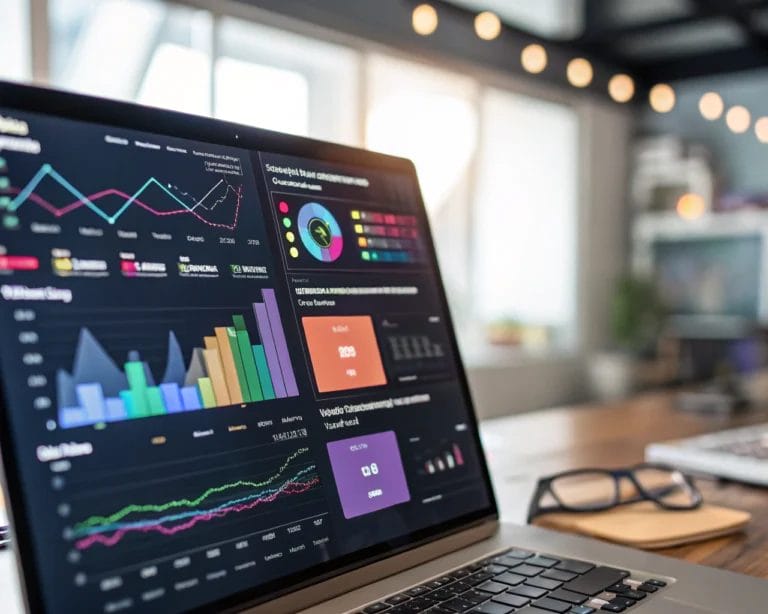 A colorful data analytics dashboard focusing on video engagement metrics with clear graphs and a blurred modern work environment in the background, illuminated by soft lighting.