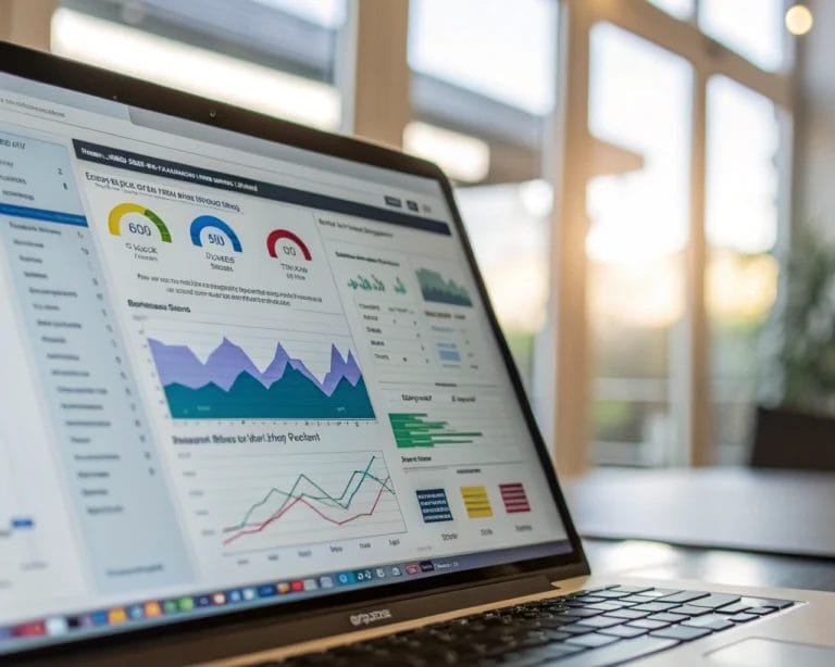A computer screen showing an analytics dashboard with colorful heatmaps and user interaction data, set against a blurred office background with ambient lighting.