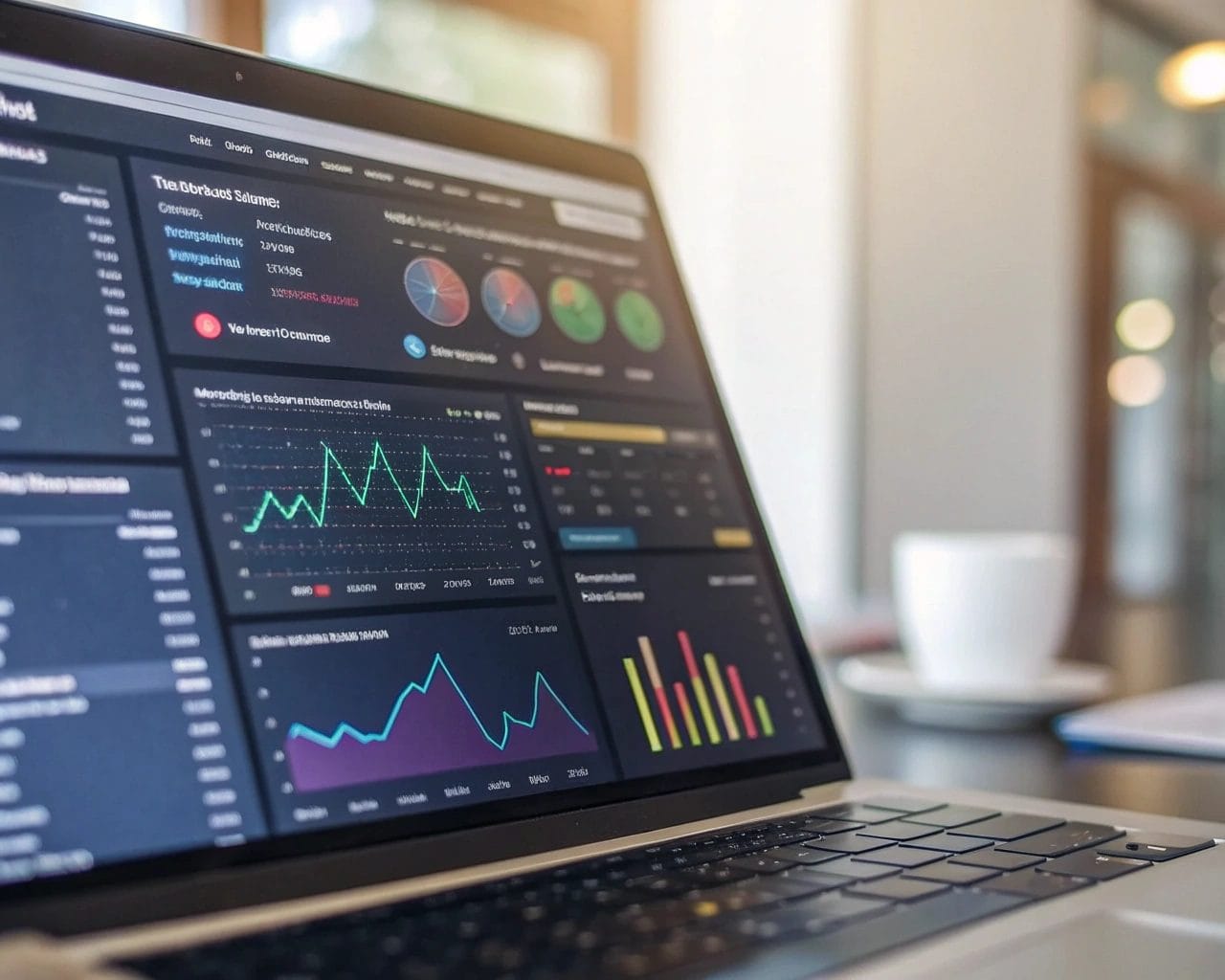 A sophisticated analytics dashboard on a computer screen in a contemporary office, showcasing colorful graphs and charts representing digital marketing data, with a soft lighting effect.
