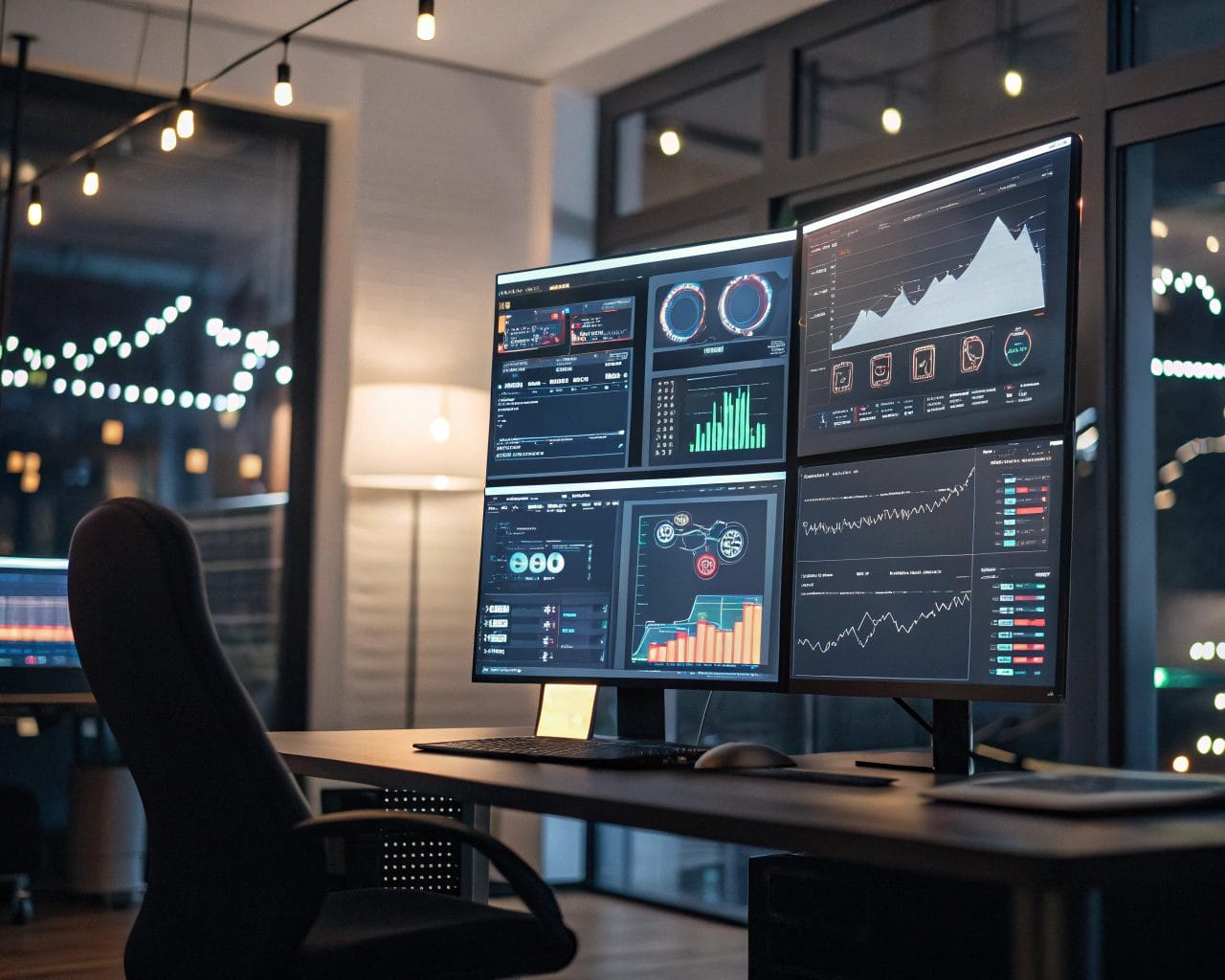 A modern digital marketing office showcasing multiple screens displaying real-time analytics. The scene is illuminated with soft ambient lighting, creating a focused and clear atmosphere with a symmetrical arrangement of screens.