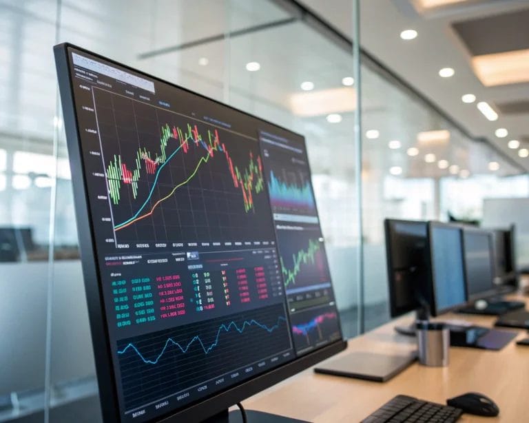 Improving ROI with SimplifyAnalytics: Combining Real-Time Analytics with Marketing Automation Platforms 8 A computer monitor displaying colorful real-time analytics graphs in a modern office, with a blurred office background and atmospheric backlighting.