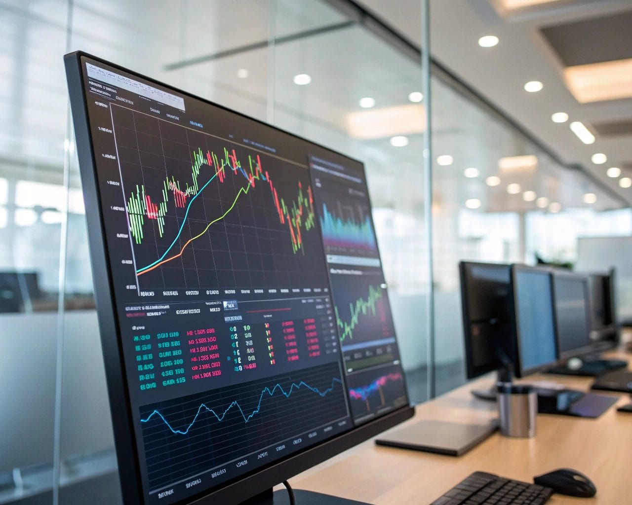 A computer monitor displaying colorful real-time analytics graphs in a modern office, with a blurred office background and atmospheric backlighting.
