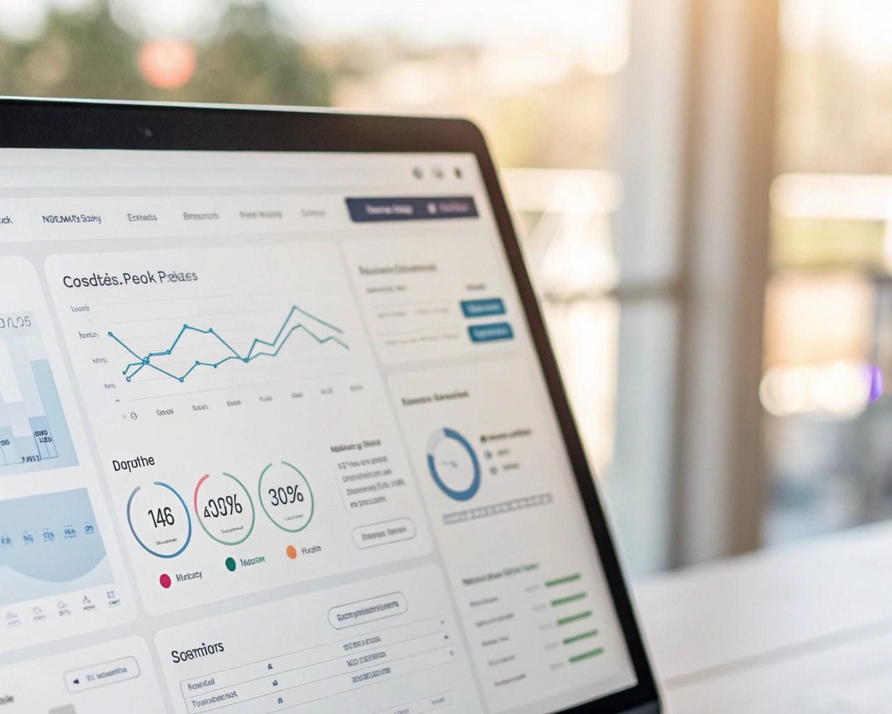 A user-friendly analytics dashboard showcasing privacy features with cookie-less tracking, real-time data feeds, and intuitive graphs, illuminated softly against a blurred background.