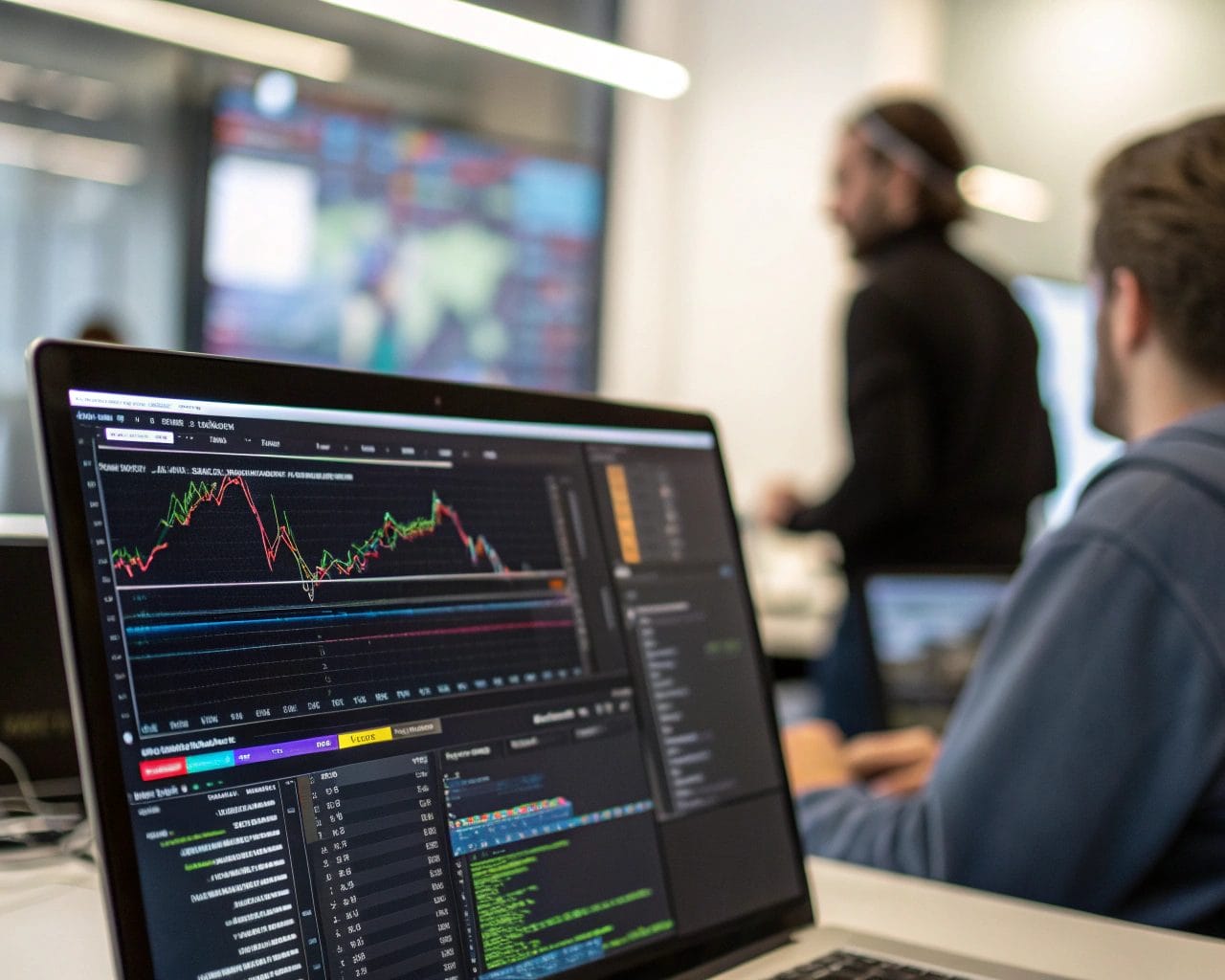A computer screen displaying a session replay interface with dynamic mouse movements and clicks, set in a high-tech office. The foreground is sharp and focused, while the background is blurred, showcasing colorful data points and analytical elements in action, representing user interactions.