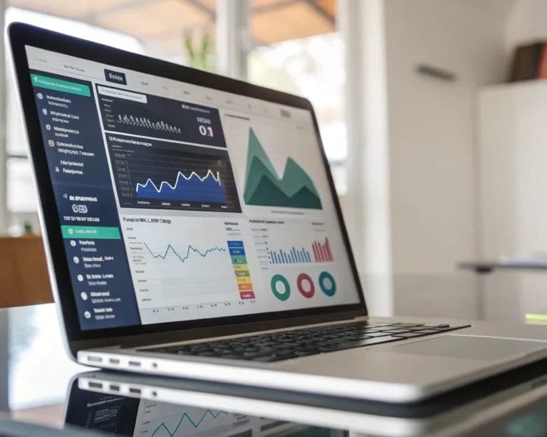 A computer screen displaying a colorful and modern analytics dashboard in a minimalist office setting, with graphs and real-time metrics illuminated by soft lighting.