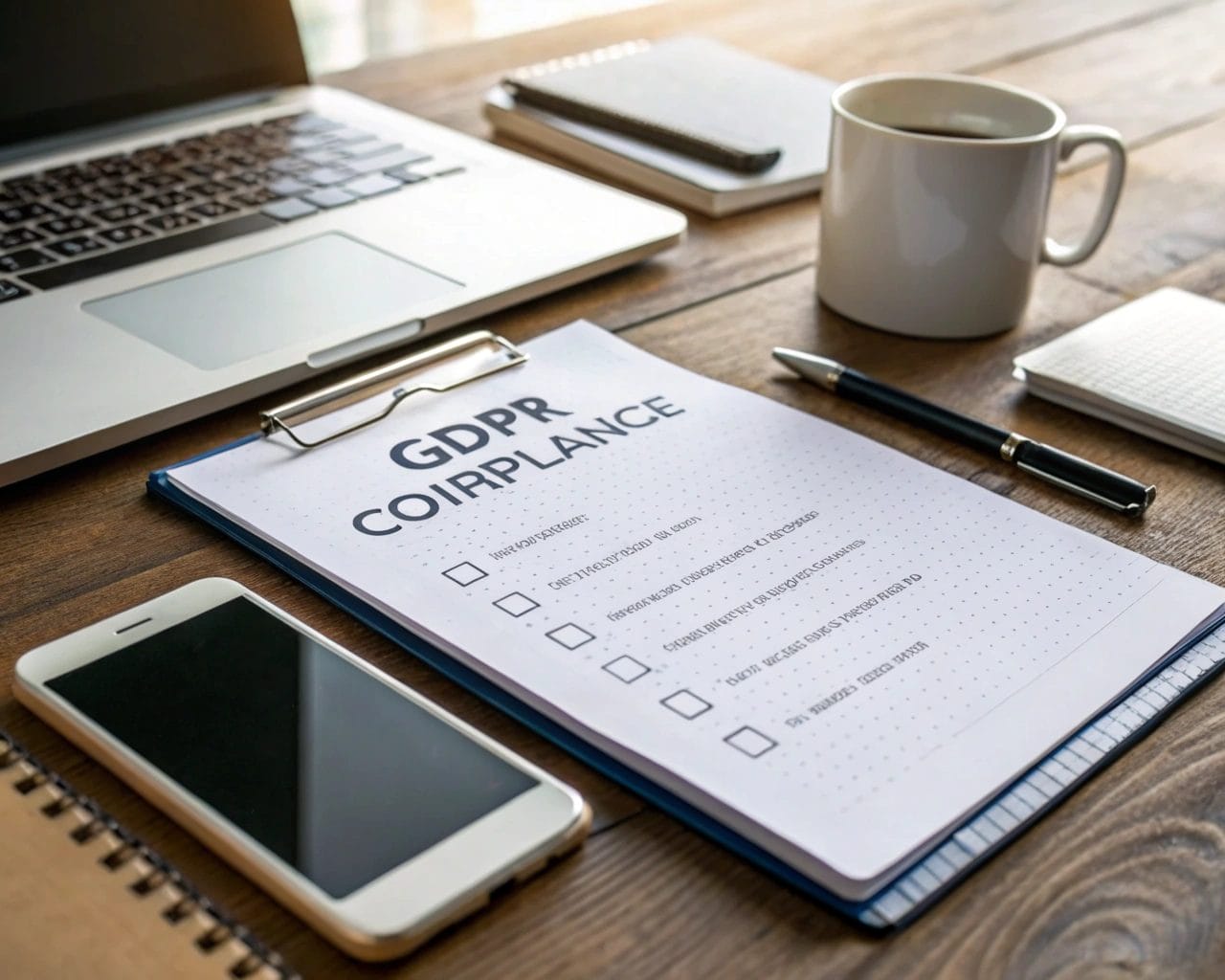 GDPR compliance checklist on a wooden desk, surrounded by a laptop, smartphone, coffee mug, notepad, and pen, illuminated by natural light from a window.
