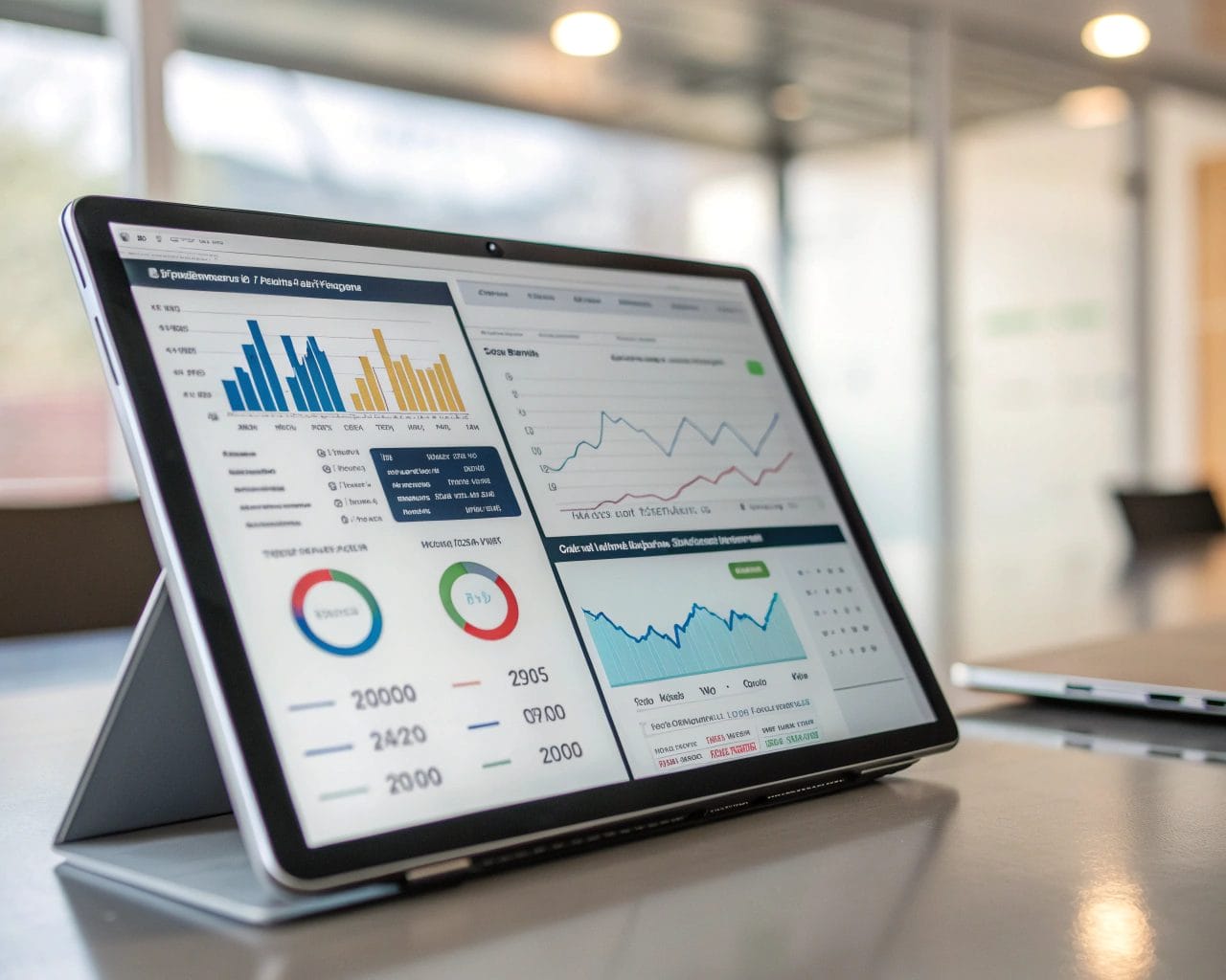 Split testing dashboard on a digital device with colorful performance metrics displayed, set in a blurred office background, symbolizing analytical precision and strategy.