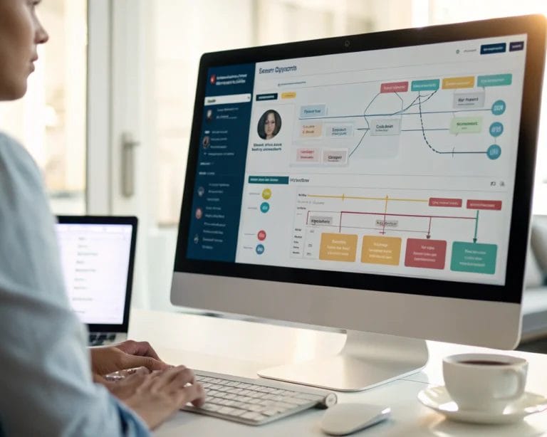 A modern office scene featuring a computer screen with a session replay tool interface, illustrating user behavior analytics with clear data visualizations and interaction paths. The setting includes a keyboard and a coffee cup, presented in a soft glow with a blurred background.