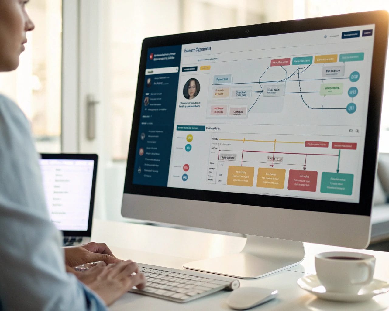Beginner's Guide to Session Replays: Analyzing User Interactions & Improving Website UX 1 A modern office scene featuring a computer screen with a session replay tool interface, illustrating user behavior analytics with clear data visualizations and interaction paths. The setting includes a keyboard and a coffee cup, presented in a soft glow with a blurred background.