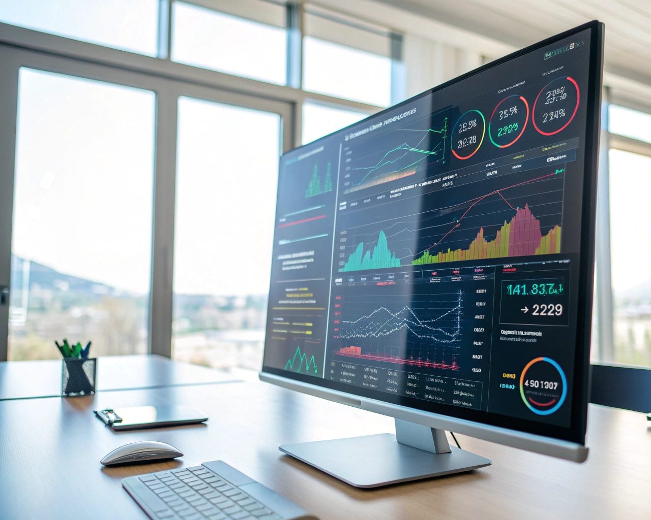 Designing Performance Dashboards for Companies: How to Build Custom Dashboards with SimplifyAnalytics 1 A modern digital dashboard interface with colorful graphs and widgets displayed on a large screen in a stylish office, highlighting analytics and data-driven decision-making under soft lighting.