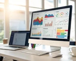 A vibrant digital analytics dashboard on a computer screen, featuring colorful charts and graphs for subscription metrics in a modern office setting.