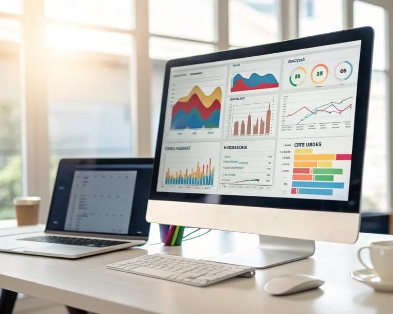 A vibrant digital analytics dashboard on a computer screen, featuring colorful charts and graphs for subscription metrics in a modern office setting.