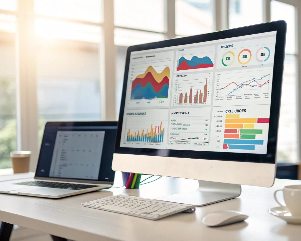 A vibrant digital analytics dashboard on a computer screen, featuring colorful charts and graphs for subscription metrics in a modern office setting.