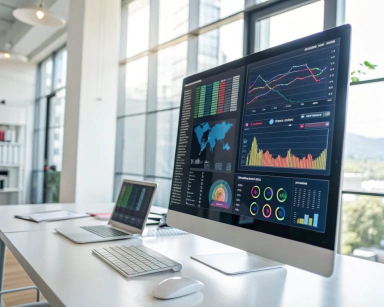 A modern office with a well-designed analytics dashboard displaying colorful data visualizations, including graphs and charts, captured in natural light.