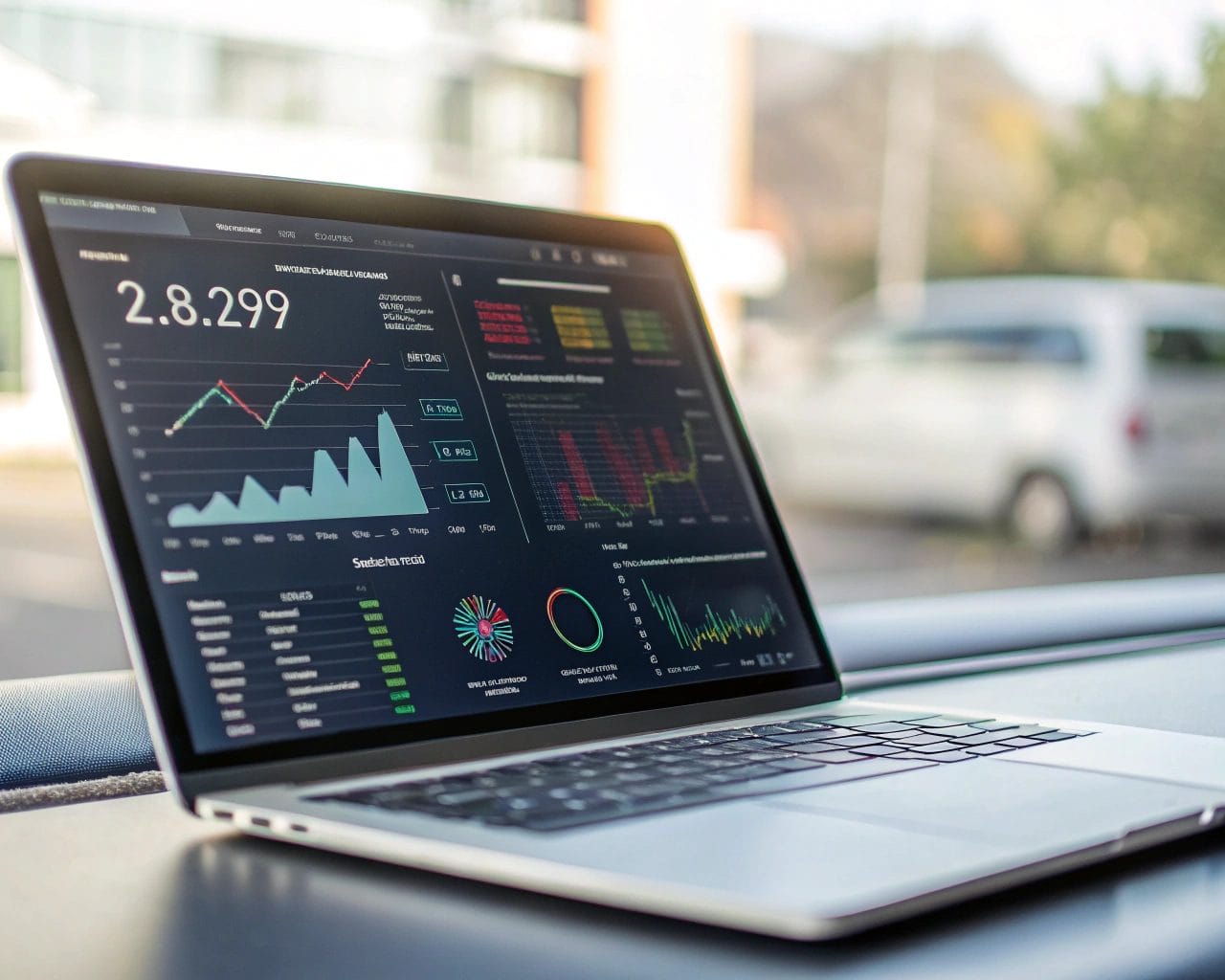 Modern analytics dashboard with colorful graphs and charts displayed on a sleek digital screen in a minimalist setting, illuminated by natural light.