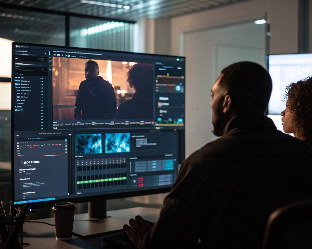 A digital interface displaying a session replay with a playback timeline and heatmaps in a well-lit office. The interface glows against the backdrop of the office, creating a high-tech atmosphere with sharp shadows and an off-center composition.